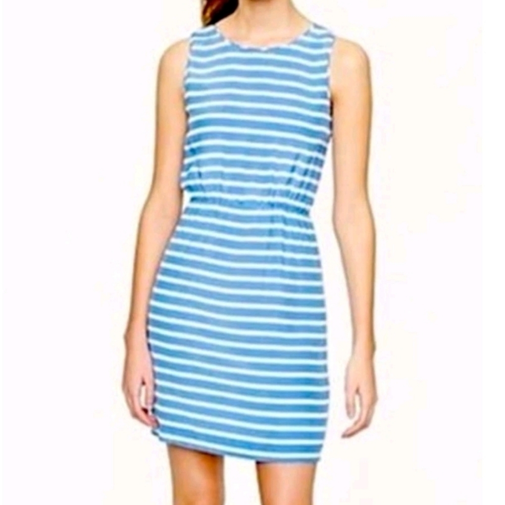J Crew Stripped Sleeveless Mini Dress 100% Silk White & Blue Sz 6